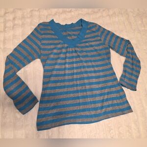 Blue and Gray Striped Long Sleeve Top